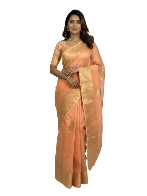 Peach Saree with Gold Zari Border and Buta Work