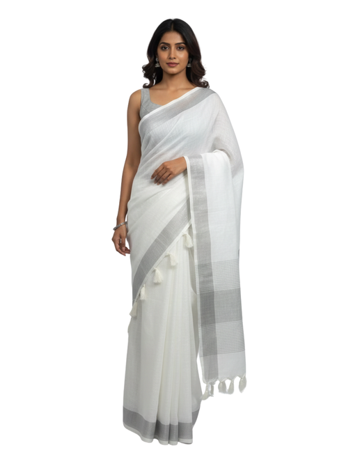Pristine White Saree with Silver Zari Border and Tassels