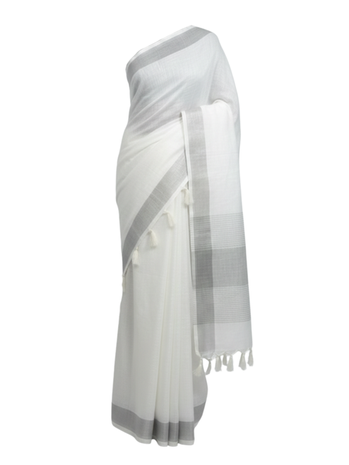 Pristine White Saree with Silver Zari Border and Tassels