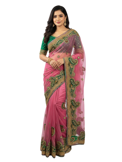 Onion Pink Net Saree with Heavy Zardosi and Stone Work
