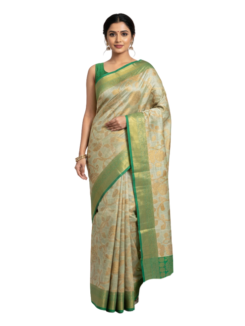 Pista Green Handloom Saree with Antique Gold Zari Weave
