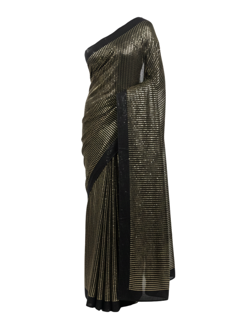 Black Saree with Gold Sequin Stripes