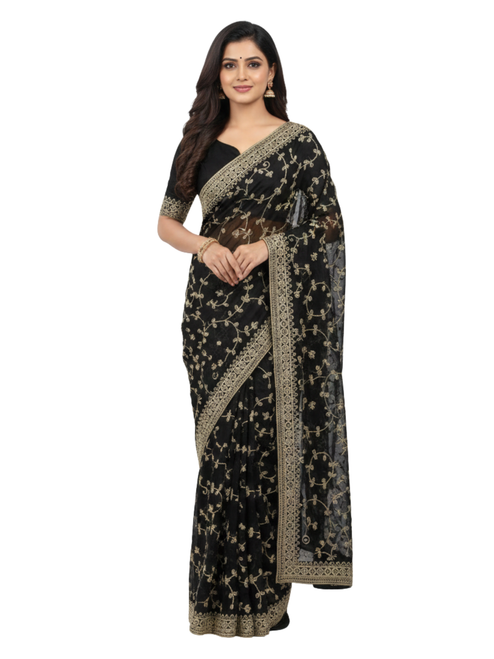 Midnight Noir Embroidered Black Saree with Gold Zari Border