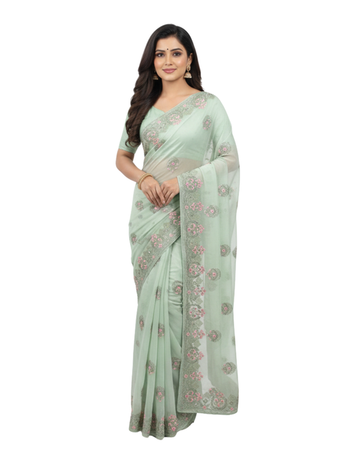 Seafoam Sage Floral Embroidered Saree with Scalloped Border