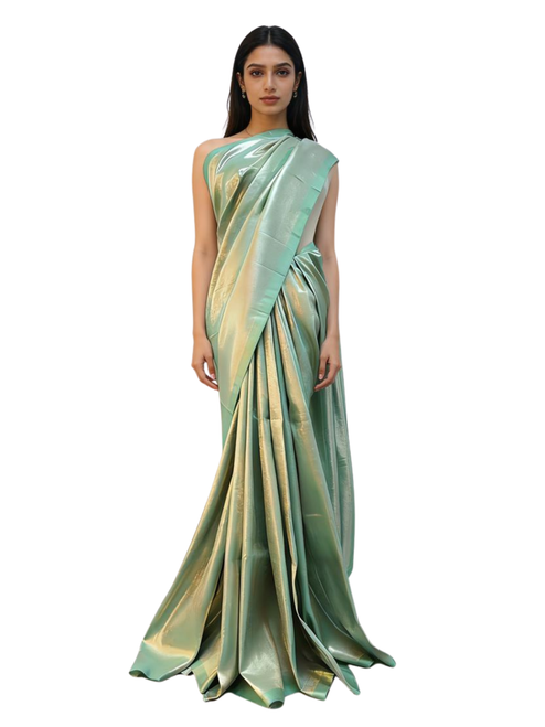 Aqua Glaze Tissue Saree with Iridescent Gold Sheen