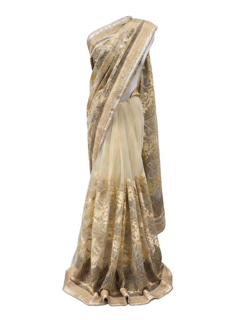 Champagne Gold Floral Embroidered Net Saree with Scalloped Zari Border