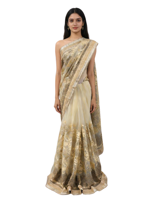 Champagne Gold Floral Embroidered Net Saree with Scalloped Zari Border