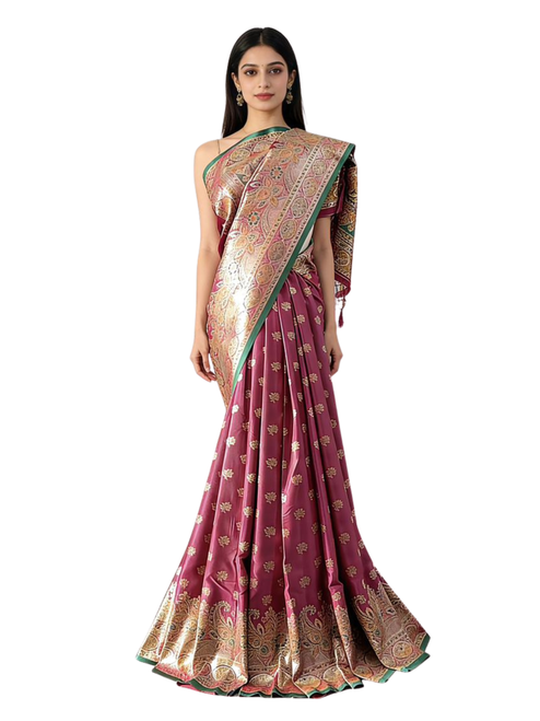 Deep Plum Saree with Emerald Green Border