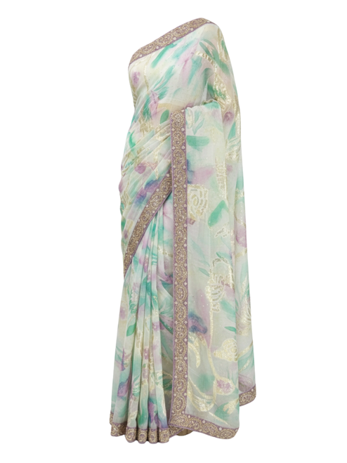 Ethereal Floral Print Organic cotton Saree with Sequin Border