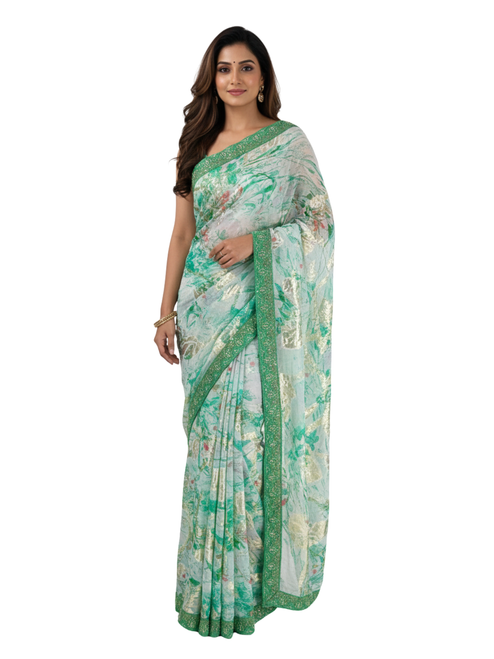 Verdant Meadow Floral organic cotton Saree with Embellished Emerald Border