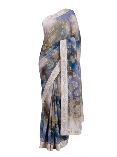 Midnight Galaxy Floral Organic cotton Saree with Silver Zari Border