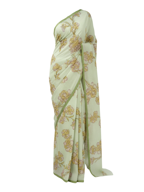 Pastel Sage Floral Organic Cotton Saree
