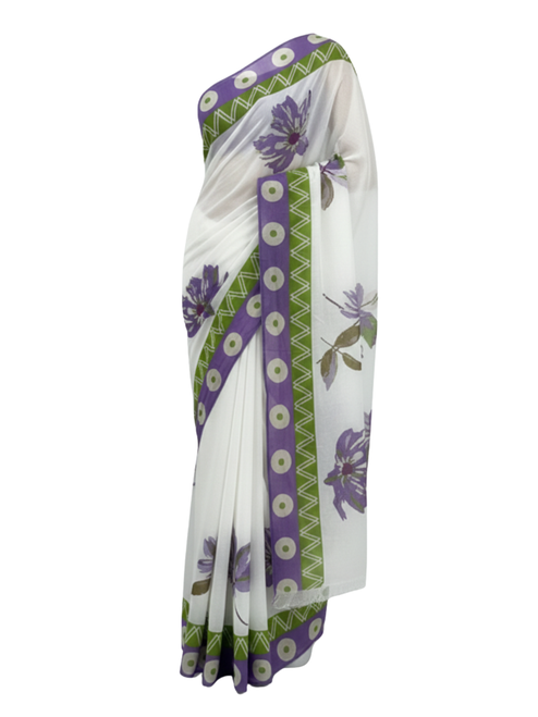 Arctic White Organic Cotton Saree with Iris Geometric Border