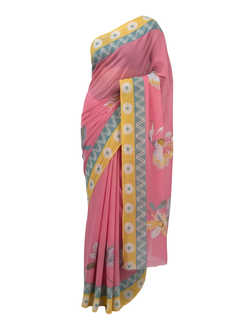 Taffy Pink Floral Saree with Sun-Kissed Geometric Border