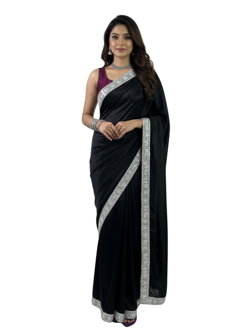 Jet Black Satin Organic Cotton Saree with Glistening Silver Sequin Border