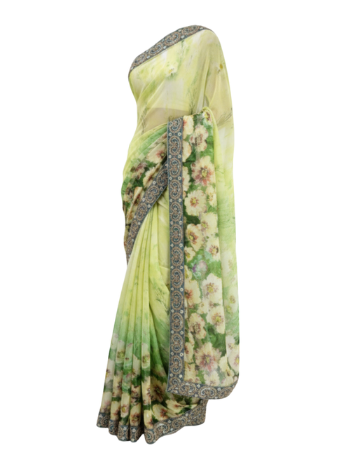 Lime Green & Forest Moss Floral Cotton Saree with Zari Embroidered Border