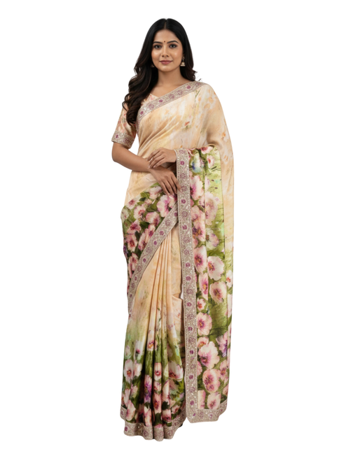 Pastel Bloom Digital Print Saree with Intricate Zari & Sequin Border