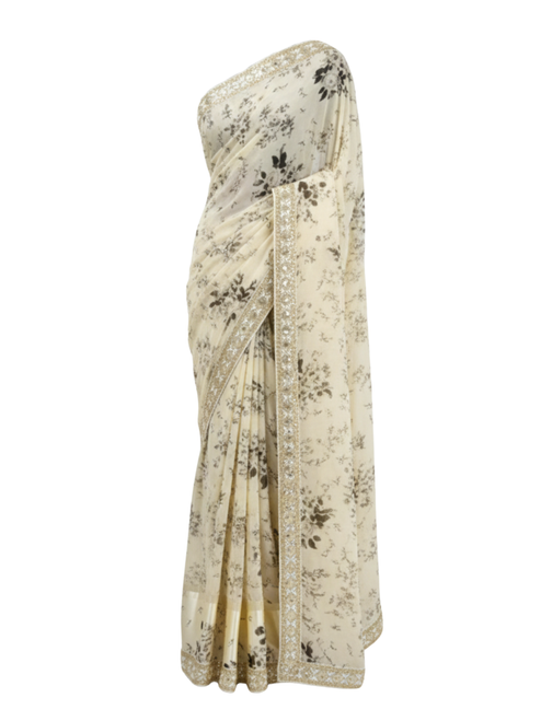 Luxe Botanical Digital Print Saree with Scalloped Zari & Sequin Border