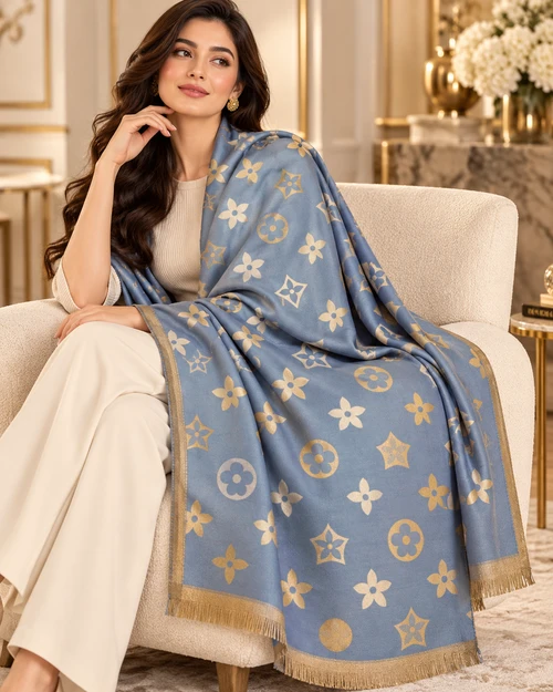 Celestial Blue Cashmere Monogram Shawl