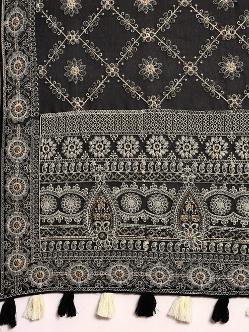 Delicacy Black Saree Embroidered White Floral Delicacy Black Saree Embroidered White Floral