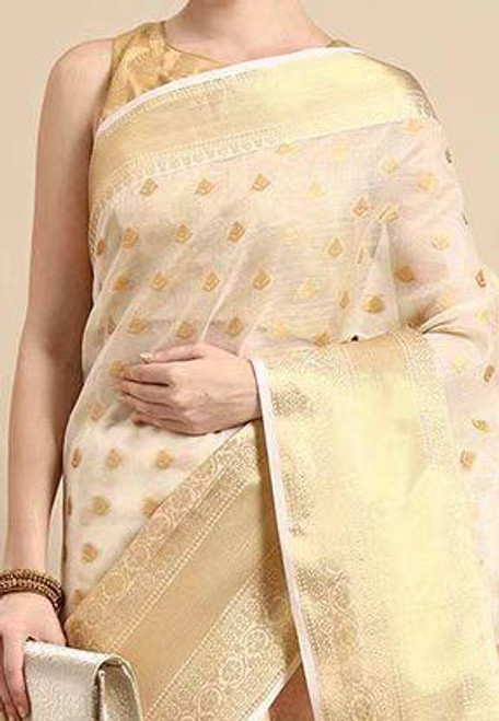 Elegant Silk Saree with Gold Zari Polka Dots & Rich Pallu