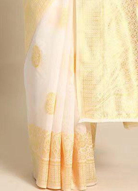 Graceful White Silk Saree with Subtle Gold Zari Work
