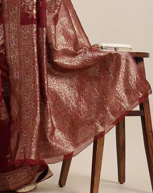 Hakoba Majestic Maroon Banarasi Silk Saree with Antique Gold Zari Weaving Hakoba Majestic Maroon Banarasi Silk Saree with Antique Gold Zari Weaving