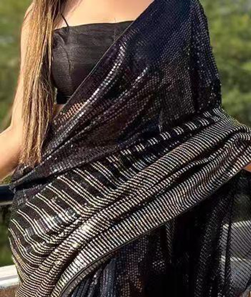 Hakoba Black Party Wear Sequin Georgette Saree with Shimmer Detailing Hakoba Black Party Wear Sequin Georgette Saree with Shimmer Detailing