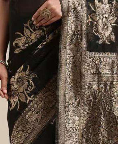 Hakoba Black Banarasi Silk Saree with Antique Gold Floral Zari Work Hakoba Black Banarasi Silk Saree with Antique Gold Floral Zari Work