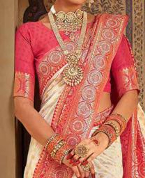Hakoba Off-White & Red Banarasi Silk Saree with Traditional Zari Weaving Hakoba Off-White & Red Banarasi Silk Saree with Traditional Zari Weaving