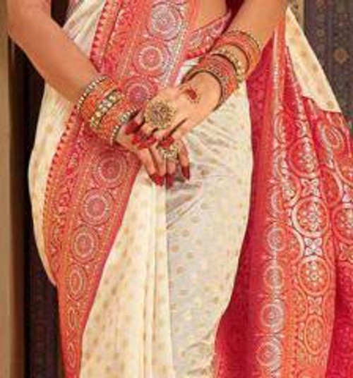 Hakoba Off-White & Red Banarasi Silk Saree with Traditional Zari Weaving Hakoba Off-White & Red Banarasi Silk Saree with Traditional Zari Weaving
