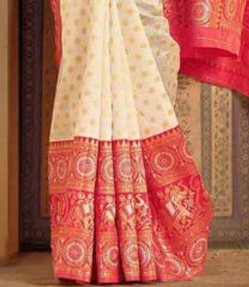 Hakoba Off-White & Red Banarasi Silk Saree with Traditional Zari Weaving Hakoba Off-White & Red Banarasi Silk Saree with Traditional Zari Weaving