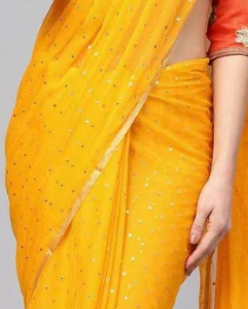 Hakoba Bright Yellow Georgette Saree with Subtle Sequin Detailing Hakoba Bright Yellow Georgette Saree with Subtle Sequin Detailing