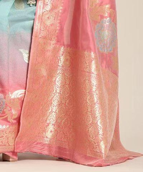Hakoba Pastel Pink & Aqua Blue Banarasi Silk Saree with Golden Zari Work Hakoba Pastel Pink & Aqua Blue Banarasi Silk Saree with Golden Zari Work