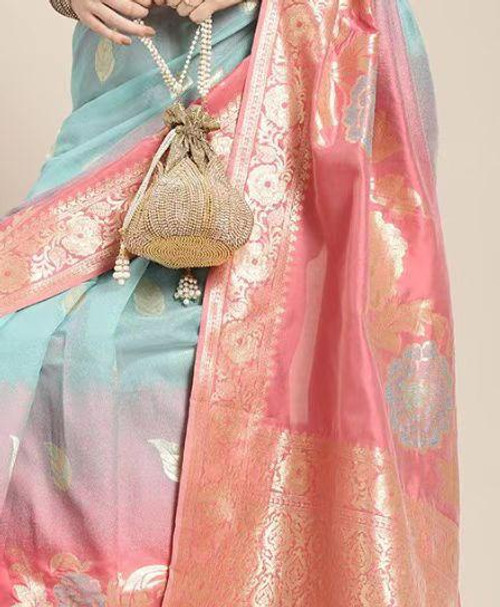 Hakoba Pastel Pink & Aqua Blue Banarasi Silk Saree with Golden Zari Work Hakoba Pastel Pink & Aqua Blue Banarasi Silk Saree with Golden Zari Work