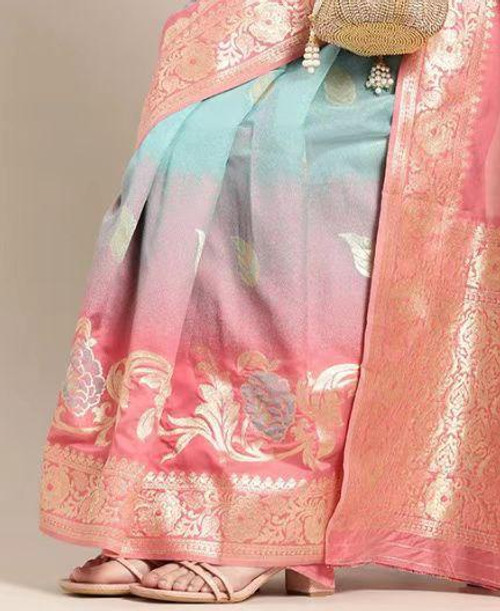 Hakoba Pastel Pink & Aqua Blue Banarasi Silk Saree with Golden Zari Work Hakoba Pastel Pink & Aqua Blue Banarasi Silk Saree with Golden Zari Work