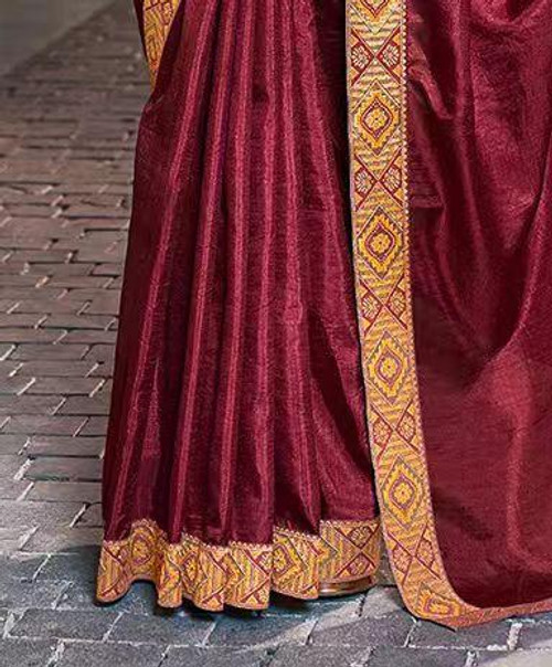 Hakoba Rich Maroon Silk Saree with Mustard Embroidered Blouse & Contrast Border Hakoba Rich Maroon Silk Saree with Mustard Embroidered Blouse & Contrast Border