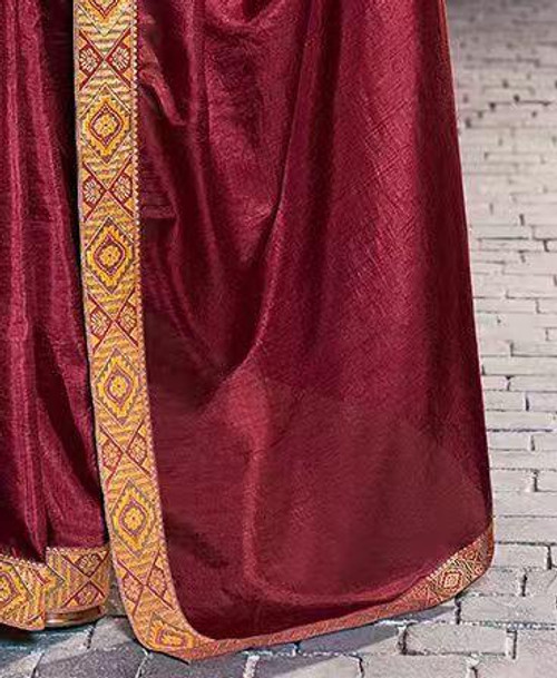 Hakoba Rich Maroon Silk Saree with Mustard Embroidered Blouse & Contrast Border Hakoba Rich Maroon Silk Saree with Mustard Embroidered Blouse & Contrast Border