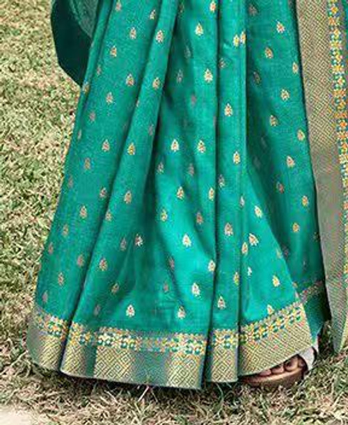 Hakoba Emerald Green Silk Saree with Zari Buti and Traditional Woven Border Hakoba Emerald Green Silk Saree with Zari Buti and Traditional Woven Border