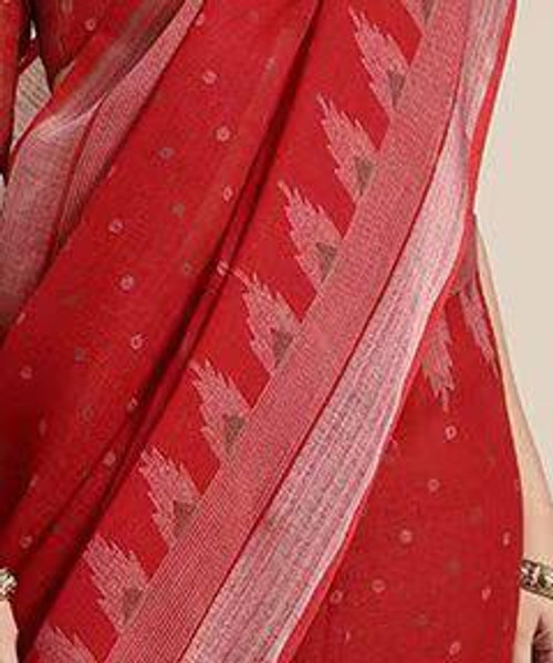 Hakoba Crimson Red Handloom Cotton Saree with Geometric Border and Pallu Tassels