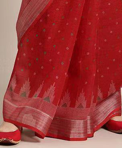 Hakoba Crimson Red Handloom Cotton Saree with Geometric Border and Pallu Tassels