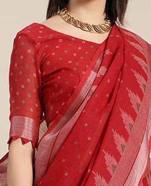 Hakoba Crimson Red Handloom Cotton Saree with Geometric Border and Pallu Tassels