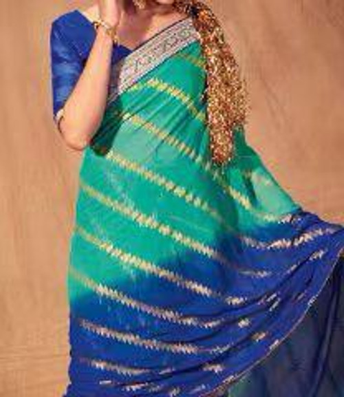Hakoba Royal Blue & Green Bandhani Art Silk Saree with Zari Border Hakoba Royal Blue & Green Bandhani Art Silk Saree with Zari Border