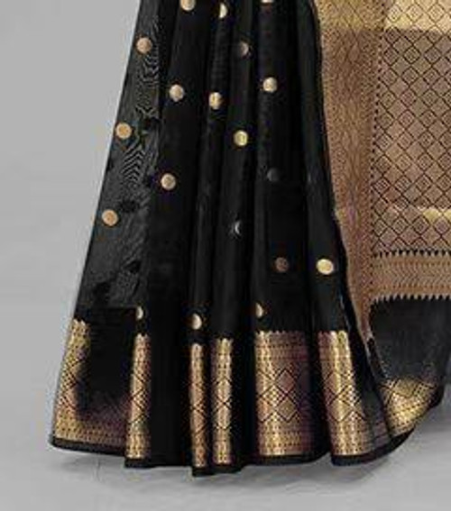 Hakoba Classic Black Banarasi Silk Saree with Rich Golden Zari Detailing Hakoba Classic Black Banarasi Silk Saree with Rich Golden Zari Detailing