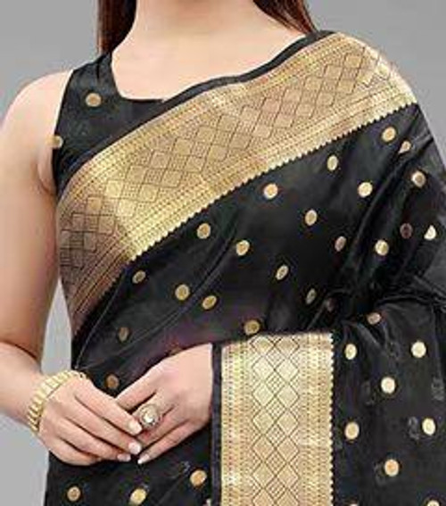 Hakoba Classic Black Banarasi Silk Saree with Rich Golden Zari Detailing Hakoba Classic Black Banarasi Silk Saree with Rich Golden Zari Detailing