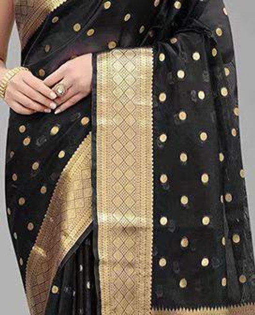 Hakoba Classic Black Banarasi Silk Saree with Rich Golden Zari Detailing Hakoba Classic Black Banarasi Silk Saree with Rich Golden Zari Detailing