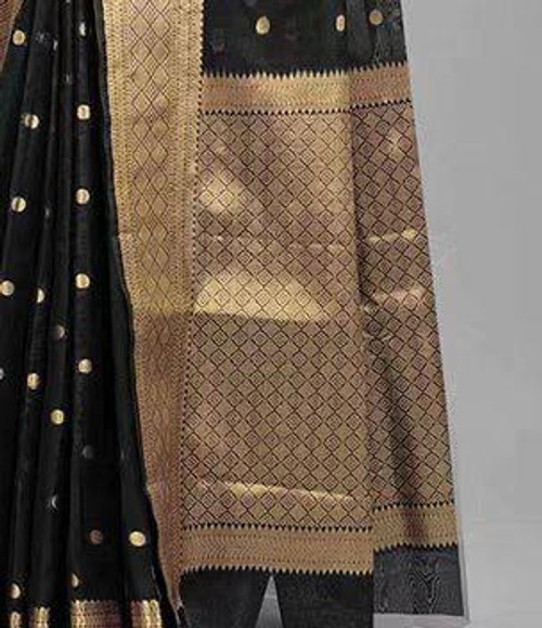 Hakoba Classic Black Banarasi Silk Saree with Rich Golden Zari Detailing Hakoba Classic Black Banarasi Silk Saree with Rich Golden Zari Detailing