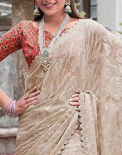 Hakoba Elegant Beige Floral Embroidered Saree with Scalloped Border Hakoba Elegant Beige Floral Embroidered Saree with Scalloped Border
