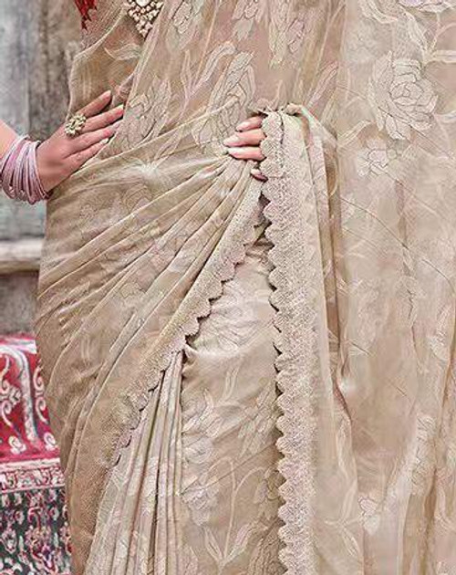 Hakoba Elegant Beige Floral Embroidered Saree with Scalloped Border Hakoba Elegant Beige Floral Embroidered Saree with Scalloped Border