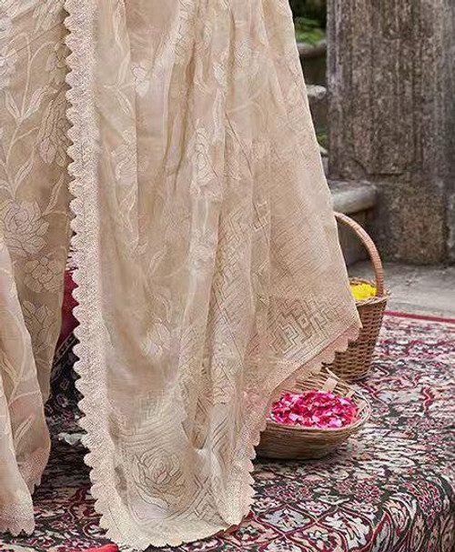 Hakoba Elegant Beige Floral Embroidered Saree with Scalloped Border Hakoba Elegant Beige Floral Embroidered Saree with Scalloped Border